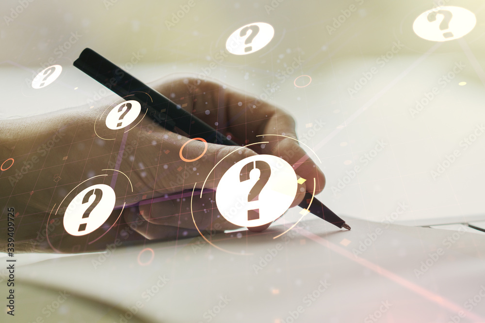 Aufkleber double exposure of question mark hologram and man hand writing in notebook on background. sociology 
