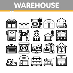 Warehouse And Storage Collection Icons Set Vector. Warehouse Building And Construction, Wooden Box And Loader Car, Crane And Truck Concept Linear Pictograms. Monochrome Contour Illustrations