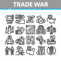 Trade War Business Collection Icons Set Vector. Trade War Bomb And Rocket, Usa And China Economy Fighting, Dollar Vs Yuan Concept Linear Pictograms. Monochrome Contour Illustrations