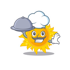 Summer sun chef cartoon character serving food on tray