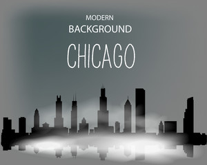 Modern vector landscape of foggy Chicago. Dark silhouette of buildings in a foggy haze.