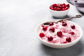Cottage cheese dessert of yogurt jam and cranberries on a plate. grey concrete table. Concept healthy useful Breakfast. Copy space.