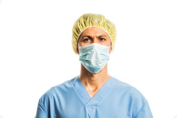 doctor in medical clothes with rubber gloves and a mask, portrait on a white background