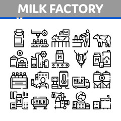 Milk Factory Product Collection Icons Set Vector. Cow And Milk In Can, Conveyor And Plant, Bottle And Package, Truck Delivery And Machine Concept Linear Pictograms. Monochrome Contour Illustrations