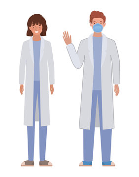 Man and woman doctor with uniforms and mask vector design
