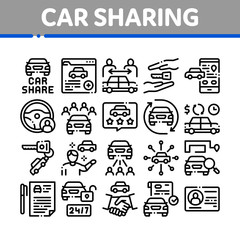 Car Sharing Business Collection Icons Set Vector. Car Share Deal And Agreement, Web Site And Phone Application, Key And Driver License Concept Linear Pictograms. Monochrome Contour Illustrations