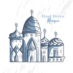 Hand drawn Sketch of mosque for ramadan greetings card , poster , banner with vintage Background and  grunge texture. Ready to use. Vector Illustration