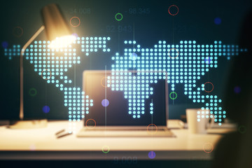 Multi exposure of abstract graphic world map on computer background, connection and communication concept