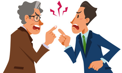 Fototapeta na wymiar Two angry businessmen are fighting. Boss and young office worker. Vector illustration in flat cartoon style.