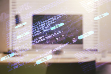 Double exposure of abstract programming language with world map on laptop background, research and development concept