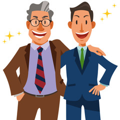 Delighted two businessman. Blessing each other's success. Boss and young office worker. Vector illustration in flat cartoon style.