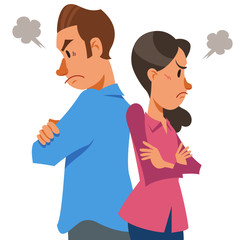 Angry couple standing back to back.  Quarreling man and woman. Vector illustration in flat cartoon style.