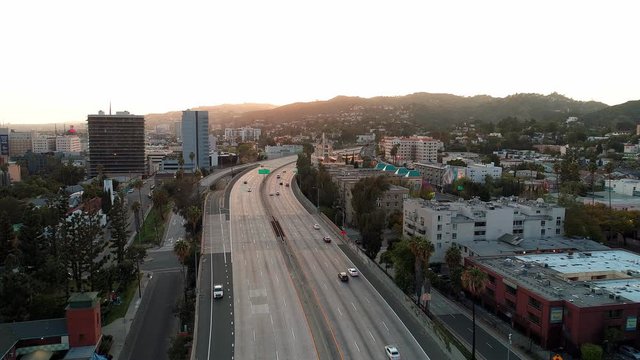 Hollywood Highway with no traffic during Covid-19 Coronavirus in Los Angeles, California, USA. Aerial drone view