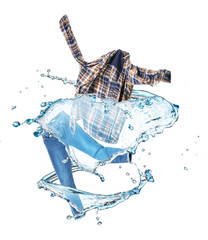 Clean flying clothes with splashes of water on white background