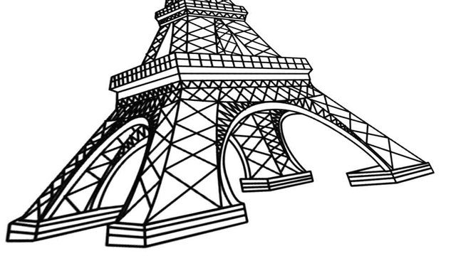 Hand drawn black and white animation doodle of Eiffel towel in Paris and Coronavirus symbol on whiteboard