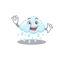A charismatic cloudy rainy mascot design style smiling and waving hand