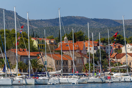 STARI GRAD / CROATIA - AUGUST 2015: View to the colourful houses in the old bay of Stari Grad town on Hvar town, Croatia