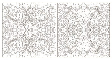 Set contour illustrations of stained glass with abstract swirls and flowers , square image