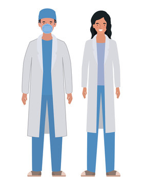 Man and woman doctor with uniforms and mask vector design
