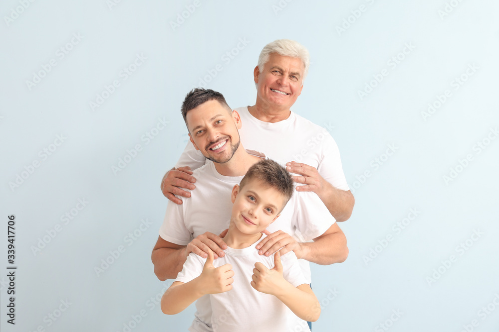 Sticker man with his father and son on color background