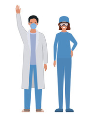 Man and woman doctor with uniforms mask and glasses vector design