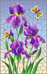 Illustration in stained glass style with a bouquet of purple irises and yellow butterflies on a blue background
