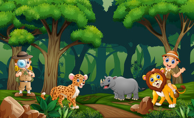 Safari boys with animals in the forest