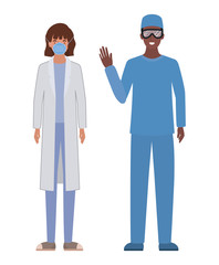 Man and woman doctor with uniforms mask and glasses vector design
