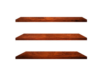 Three wooden shelves isolated on white background with clipping path for your product or design