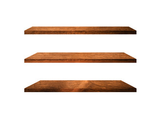 Three wooden shelves isolated on white background with clipping path for your product or design