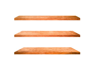 Three wooden shelves isolated on white background with clipping path for your product or design