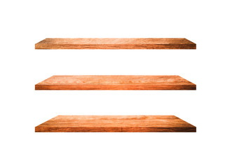 Three wooden shelves isolated on white background with clipping path for your product or design