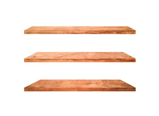 Three wooden shelves isolated on white background with clipping path for your product or design