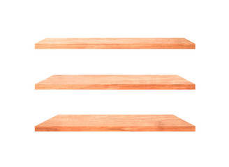 Three wooden shelves isolated on white background with clipping path for your product or design