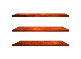 Three wooden shelves isolated on white background with clipping path for your product or design