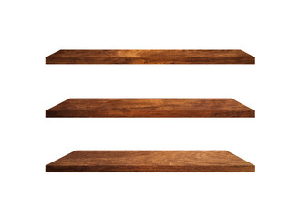 Three wooden shelves isolated on white background with clipping path for your product or design