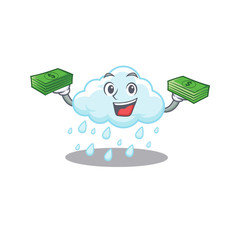 A wealthy cloudy rainy cartoon character having money on hands