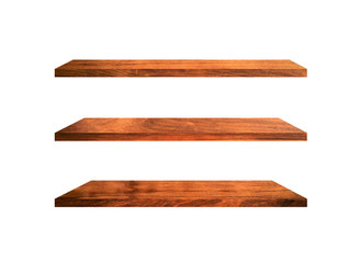 Three wooden shelves isolated on white background with clipping path for your product or design