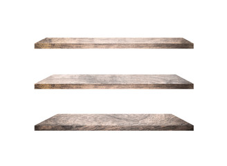 Three wooden shelves isolated on white background with clipping path for your product or design