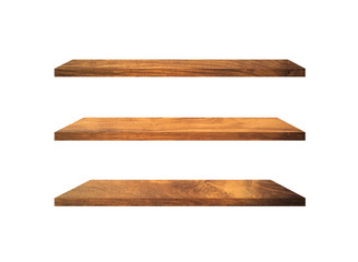 Three wooden shelves isolated on white background with clipping path for your product or design