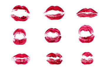 Red lipstick kiss print set on white background isolated closeup, sexy burgundy lips make up stamp collection, photography of different shapes female pink kiss imprint, love sign, passion symbol, icon