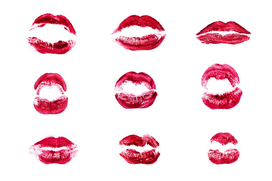 Red lipstick kiss print set on white background isolated closeup, sexy burgundy lips make up stamp collection, photography of different shapes female pink kiss imprint, love sign, passion symbol, icon