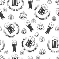 Beer glass with hops and wheat wreath seamless pattern
