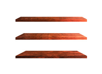 Three wooden shelves isolated on white background with clipping path for your product or design