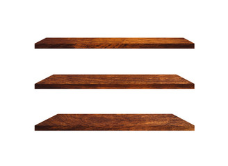 Three wooden shelves isolated on white background with clipping path for your product or design