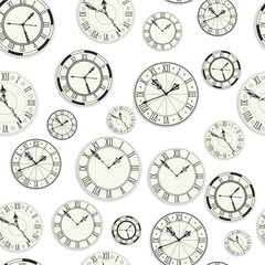 Vintage clocks, retro watches colorless seamless pattern vector