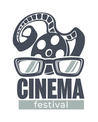 Cinema festival, movie fest banner with filmstrip and glasses