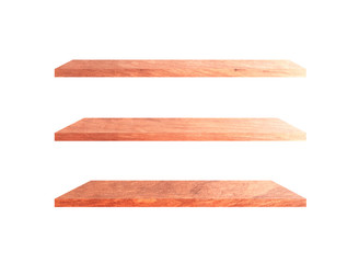 Beautiful brown wood shelves isolated on white background with copy space and clipping path for your product or design