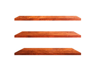 Beautiful brown wood shelves isolated on white background with copy space and clipping path for your product or design