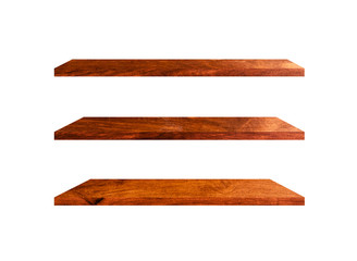 Beautiful brown wood shelves isolated on white background with copy space and clipping path for your product or design